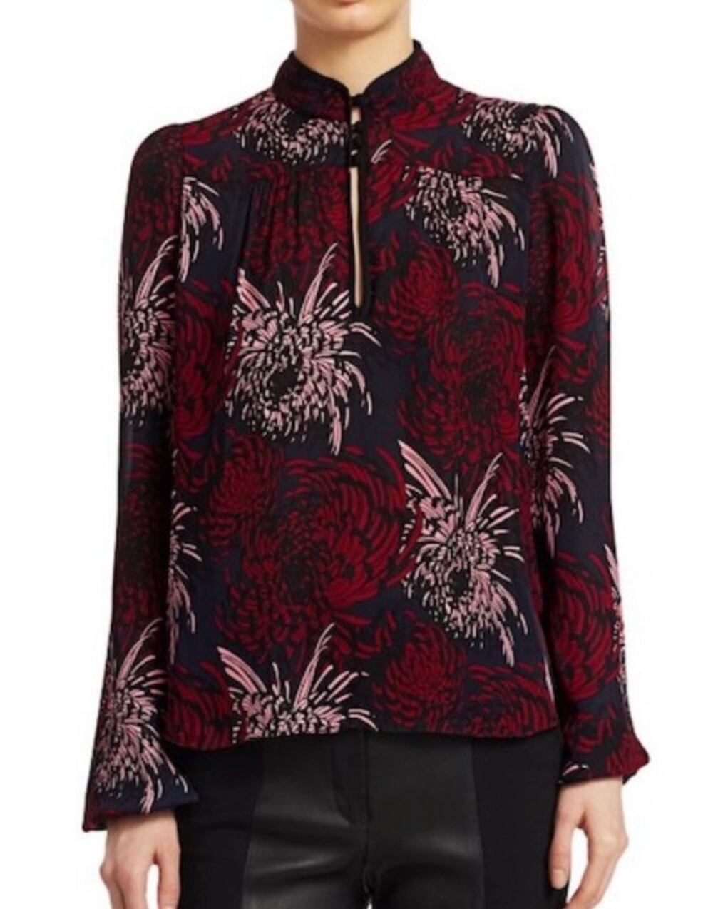 A.L.C. Beatrix Floral Silk Blouse Black Burgundy Mandarin Collar Sz 6